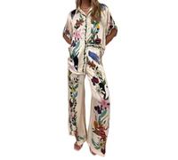 Conjunto bohemio de 2 piezas para mujer, conjunto casual de verano con estampado de graffiti a juego, camisa y pantalones con botones y bolsillos, ropa de descanso hawaiana, beige, S
