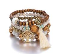 Conjunto bohemio de 4 pulseras de cuentas de madera para mujer, patrón de árbol de la vida, cuentas de cristal, pulsera de cadena de mano hecha a mano para mujer y niña