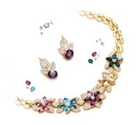 Conjunto BOUQUET DES FLEURS Gargantilla y Pendientes bañados en Oro de 1ª Ley 18K con 27 cristales de Swarovski® y más de 260 Circonitas. Ideal para regalo. Con Pañuelo de diseño para ti