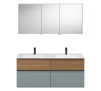 Conjunto burgbad Fiumo, compuesto por armario con espejo, lavabo de fundición mineral y mueble de lavabo, con frente plisado, ancho: 1420 mm., SGGT142RF3957G0200, Color: Azul hielo mate suave / azul h