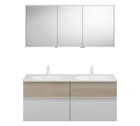 Conjunto burgbad Fiumo, compuesto por armario con espejo, lavabo de fundición mineral y mueble de lavabo, con frente plisado, ancho: 1420 mm., SGGT142RF3956G0223, Color: Blanco mate / Blanco mate, man