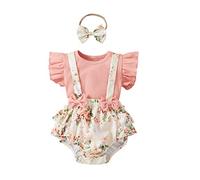 Conjunto Casual 3 Piezas Verano Bebé Camiseta de Manga Corta Volante Cuello Redondo Pantalones Cortos Volantes de Tirantes de Flor y Pajarita Diadema Ropa de Juego para Niña (Rosa, 0-3 Meses)