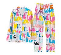 Conjunto casual de 2 piezas para mujer, camisa y pantalones cortos de manga larga con botones y estampado de corazón para mujer, conjunto de pantalones de manga larga con estampado de letras de amor