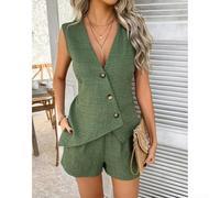 Conjunto casual de dos piezas para mujer, cárdigan con botones frontales, chaleco y pantalones cortos, ropa de descanso de color sólido para vacaciones, playa, club, primavera y otoño (XL es verde)