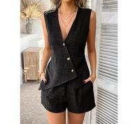 Conjunto casual de dos piezas para mujer, cárdigan con botones frontales, chaleco y pantalones cortos, ropa de descanso de color sólido para vacaciones, playa, club, primavera y otoño (M es negro)