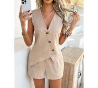 Conjunto casual de dos piezas para mujer, cárdigan con botones frontales, chaleco y pantalones cortos, ropa de descanso de color sólido para vacaciones, playa, club, primavera y otoño (colores XL)