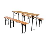Conjunto Cervecero Plegable Con Estructura Metálica y Tablero de Madera, Mesa y Bancos Abatibles Estables y Resistentes, Mesa Picnic Exterior, para Jardín y Eventos, Color Natural, 175cm 3 Piezas