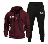 Conjunto Chándal Hombre Set Completo, Sudadera Capucha Y Pantalón Jogging Para Mass Effect N7, Top Manga Larga Cremallera 1/4 Y Bolsillo Canguro, Para Otoño Invierno,Red-l