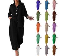 Conjunto Chandal Mujer Primavera y Verano Chándal Completo Color Sólido de Lino Algodón de 2 Piezas Pijamas Mujer Vestir Fitness Conjunto de Pantalón Suelto de Cintura Alta S-5XL(A Blanco,M)
