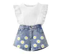 Conjunto Chica Verano Alto Espalda Desnuda Estampado Flor Corazón Y Pantalones Cortos Jean Dos Piezas Ropa Pequeño Tamaño Niño(White, 4-5 Years)