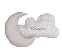 Conjunto Cojines Decorativos para bebé Bordados con el Nombre - Cojines Decorativos Cuna Grabados con Nombre - Cojines Infantiles Personalizados Forma de Luna y Nube - Estrellas - Gris/Blanco - Nenel