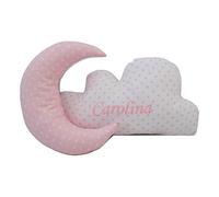 Conjunto cojines decorativos para bebé bordados con el nombre - Cojines decorativos cuna grabados con nombre - Cojines infantiles personalizados con forma de luna y nube - Estrellas - Rosa - Nenel