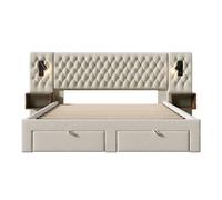 Conjunto completo cama tapizada 160x200 cm - 2 mesitas, 4 cajones, luz led usb - beige