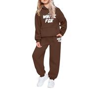 Conjunto completo de 2 piezas con capucha de gran tamaño, estampado de letras de zorro, conjunto de ropa de descanso de manga larga, ropa deportiva holgada, para correr, caminar, marrón, 7-8 años