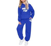Conjunto completo de 2 piezas con capucha de gran tamaño, estampado de letras de zorro, conjunto de ropa de descanso de manga larga, ropa deportiva holgada, para correr, caminar, azul, 7-8 años