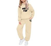 Conjunto completo de 2 piezas con capucha de gran tamaño, estampado de letras de zorro, conjunto de ropa de descanso de manga larga, ropa deportiva holgada, para correr, caminar, beige, 2-3 años