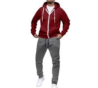Conjunto completo de 2 piezas con capucha para hombre, con cremallera, con puños, cintura elástica, pantalones deportivos sueltos, ropa deportiva al aire libre, para correr, Vino, M
