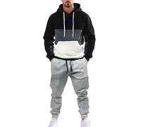 Conjunto completo de 2 piezas para hombre, conjunto deportivo de manga larga con capucha de retazos y cintura elástica con bolsillos, casual, ajuste holgado, pantalones de chándal para correr, trajes