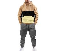 Conjunto completo de 2 piezas para hombre, conjunto deportivo de manga larga con capucha de retazos y cintura elástica con bolsillos, casual, ajuste holgado, pantalones de chándal para correr, trajes