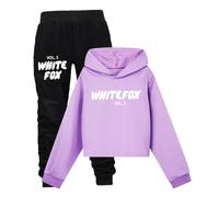 Conjunto completo de chándal para niños, camiseta corta de manga larga con capucha y pantalones sueltos, estampado de letras de zorro, ropa activa, pantalones deportivos y sudadera deportiva, Morado