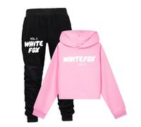Conjunto completo de chándal para niños, camiseta corta de manga larga con capucha y pantalones sueltos, estampado de letras de zorro, ropa activa, pantalones deportivos y sudadera deportiva, rosa, 7