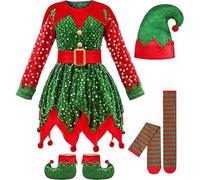 Conjunto completo de Navidad para disfraz de duendes para niñas, vestido de lentejuelas + sombrero + calcetines + tapa de zapatos, cosplay fiesta de Navidad, conjunto festivo para niñas, 001 Verde, 6