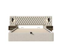 Conjunto completo para dormitorio 160x200 - cama tapizada con almacenamiento hidráulico, 2 mesitas, luz led con usb - beige, terciopelo