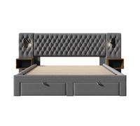 Conjunto completo para dormitorio 160x200 cm - cama tapizada con 2 mesitas, 4 cajones, luz led con puerto usb - gris