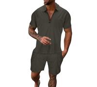 Conjunto Corto Hombre Chándal Hombre Completo Lino Transpirable Arruga Dos Piezas Transpirable Camisa Arremangada Pantalón Conjuntos Gimnasio Chándales Verano