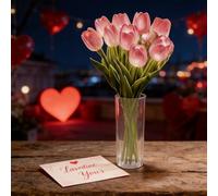 Conjunto de 10 Tulipanes Brillantes en Forma de Árbol y Flores, Lámpara con Jarrón para Decoración de Dormitorio, Regalo para la Mesita de Noche, Luz Romántica y Radiante para Día de la Madre