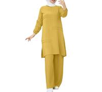 Conjunto de 2 conjuntos de camisa y pantalones musulmanes de manga larga con botones para mujer, vestido casual Abaya, trajes de Dubai, hiyab Burka, amarillo, XL