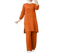 Conjunto de 2 conjuntos de camisa y pantalones musulmanes de manga larga con botones para mujer, vestido casual Abaya, trajes de Dubai, hiyab Burka, naranja, XL