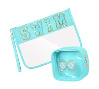Conjunto De 2 Elegantes Bolsas De Cosméticos Escritos Para Mujeres Y Niñas Con Cremallera Robusto Accesorio De Moda Uso Diario, Blue Swim
