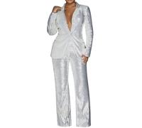 Conjunto de 2 pantalones de lentejuelas para mujer, ajuste delgado, formal, un pantalón, fiesta de graduación, trajes casuales, blanco, L