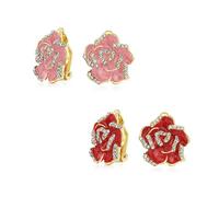 Conjunto De 2 Pendientes Retro De Clip Con Borde De Cristal De Esmalte Rojo Rosa Y Flores Florales Para Mujeres Sin Perforar Las Orejas Chapados En Oro De 14 Quilates