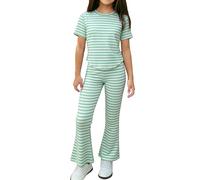 Conjunto de 2 piezas a juego para niñas, camiseta básica de manga corta, pantalones elásticos acampanados, suaves y casuales para uso diario de niñas (verde, 3-4 años)