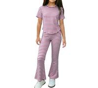 Conjunto de 2 piezas a juego para niñas, camiseta básica de manga corta, pantalones elásticos acampanados, suaves y casuales para uso diario de niñas (morado, 3-4 años)