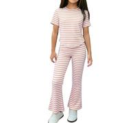 Conjunto de 2 piezas a juego para niñas, camiseta básica de manga corta, pantalones elásticos acampanados, suaves y casuales para uso diario de niñas (rosa, 3-4 años)