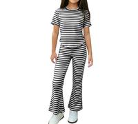 Conjunto de 2 piezas a juego para niñas, camiseta básica de manga corta, pantalones elásticos acampanados, suaves y casuales para uso diario de niñas (negro, 3-4 años)
