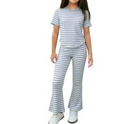 Conjunto de 2 piezas a juego para niñas, camiseta básica de manga corta, pantalones elásticos acampanados, suaves y casuales para uso diario de niñas (azul cielo, 3-4 años)