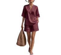 Conjunto de 2 piezas algodón y lino con cuello en V for mujer, manga al codo, conjunto informal top pantalones cortos, ropa descanso holgada, chándal verano for playa