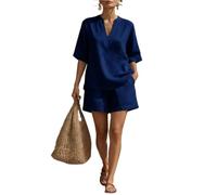 Conjunto de 2 piezas algodón y lino con cuello en V for mujer, manga al codo, conjunto informal top pantalones cortos, ropa descanso holgada, chándal verano for playa