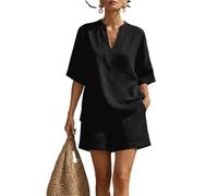 Conjunto de 2 piezas algodón y lino con cuello en V for mujer, manga al codo, conjunto informal top pantalones cortos, ropa descanso holgada, chándal verano for playa