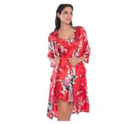 Conjunto de 2 piezas bata seda con estampado pavo real for mujer, lencería sexy for boda, fiesta, dama honor, camisón satén, baño, pijama(Red,XXL)