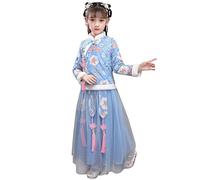 Conjunto de 2 piezas con faldas chinas para niñas, con bordado de flores de encaje, vestidos de Año Nuevo, trajes tradicionales para festivales, bodas, concursos de concurso, azul, 4-5 años