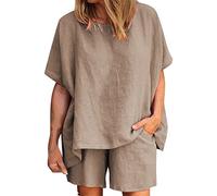 Conjunto de 2 piezas de algodón y lino elegante a juego para mujer, chándales informales, tallas grandes, ligeras, camisa + pantalones cortos de playa, cómodo juego de dos piezas para primavera,