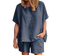Conjunto de 2 piezas de algodón y lino elegante a juego para mujer, chándales informales, tallas grandes, ligeras, camisa + pantalones cortos de playa, cómodo juego de dos piezas para primavera,