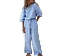 Conjunto de 2 piezas de algodón y lino para niñas, conjunto de pantalones lindos para adolescentes, manga media abombada, pantalones deportivos de pierna ancha, chándal holgado de verano, azul, 18-24