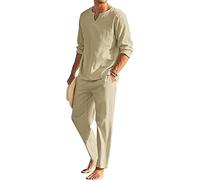Conjunto De 2 Piezas De Camisa De Manga Larga Informal De Color Sólido Simple De Dos Piezas De Lino y Algodón Suelto para Hombre + Pantalones Largos Beige L