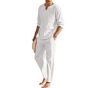 Conjunto De 2 Piezas De Camisa De Manga Larga Informal De Color Sólido Simple De Dos Piezas De Lino y Algodón Suelto para Hombre + Pantalones Largos Blanco M